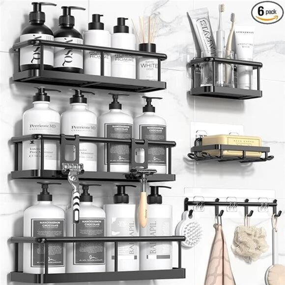 Rustproof Shower Caddy 6 Pack Bathroom Organizer Shelves No Drill Storage Rack - Picture 7 of 7